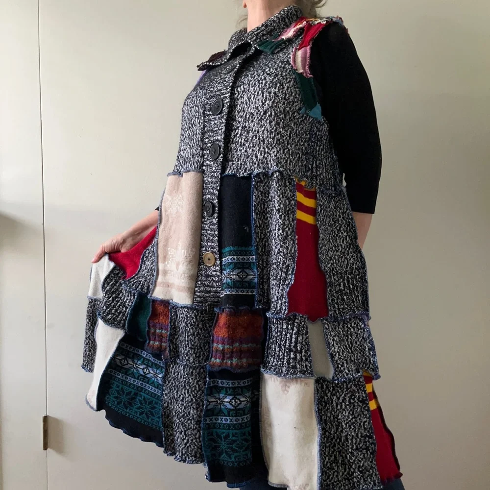 Upcycled Sweater Vest Long Cardi Boho Hippie Tiered Pixie Patchwork Cottage Core - Picture 7 of 14